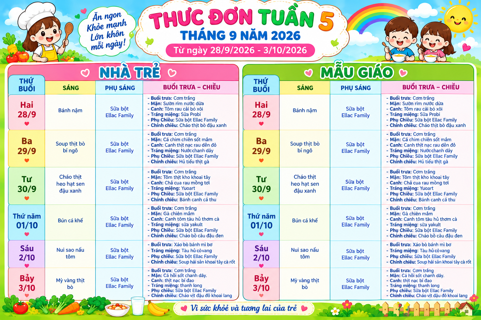 DỰ KIẾN THỰC ĐƠN CHO TRẺ TỪ NGÀY 28/9 ĐẾN NGÀY 03/10/2026